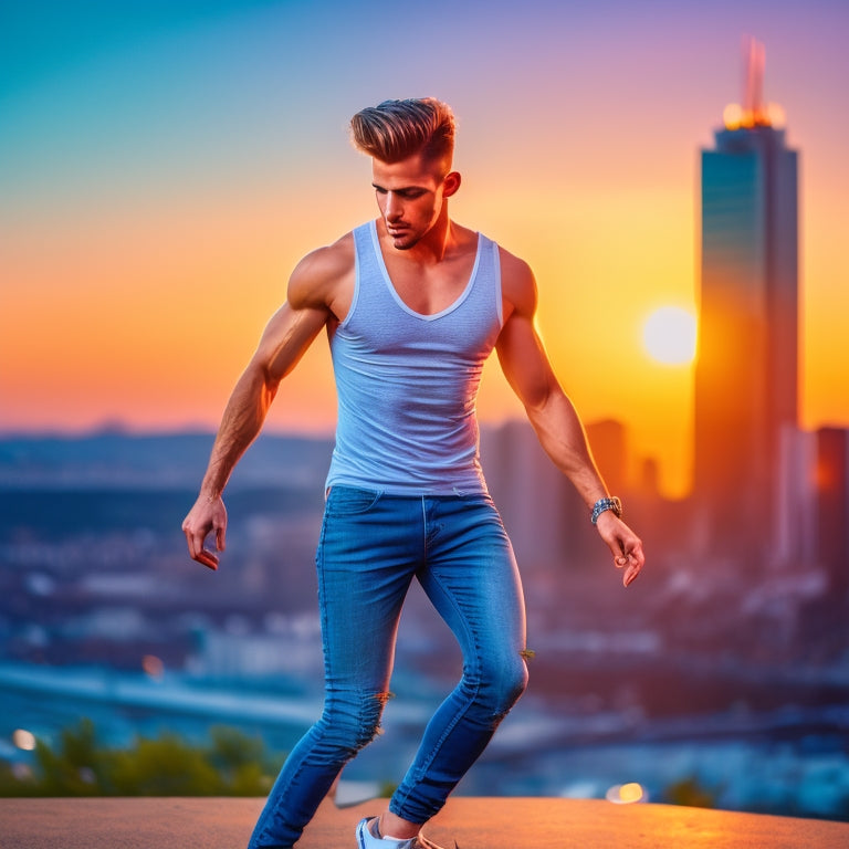 A stylish person, mid-20s, standing in front of a city skyline at sunset, wearing dark wash skinny jeans, a fitted white tank top, and sneakers, with a trendy hairstyle and minimal accessories, dancing in a carefree pose.