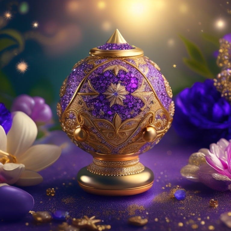 A whimsical illustration featuring a golden spinning top adorned with gemstones, surrounded by swirling glitter, flowers, and musical notes, set against a soft, shimmering purple background.