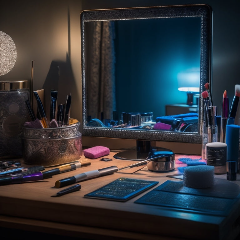 A dimly lit, cluttered vanity with scattered makeup products, brushes, and sponges, surrounded by torn out magazine pages and YouTube tutorials on a laptop screen, with a half-finished, imperfect dance makeup look on a mirror's reflection.