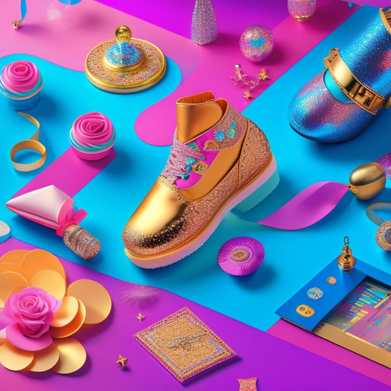 A whimsical illustration featuring a colorful dance floor surrounded by various dance-inspired SVG elements, including ballet shoes, music notes, and swirling ribbons in shades of pink, blue, and gold.