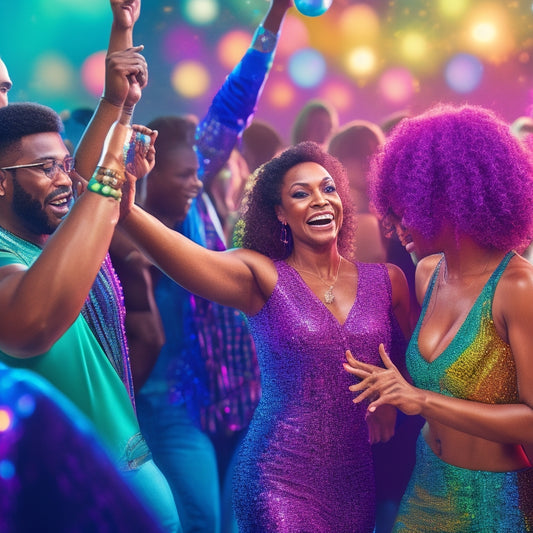 A vibrant illustration of a crowded dance floor, with people of diverse ages and ethnicities line dancing in unison, surrounded by flashing disco balls and colorful streamers.