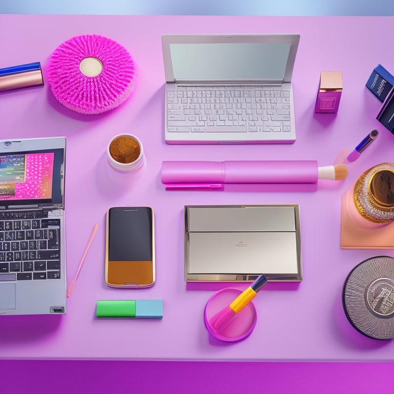 A colorful, clutter-free desk with a laptop, tablet, and smartphone, surrounded by makeup brushes, lipsticks, and a mirror, with a subtle dance-inspired background pattern.