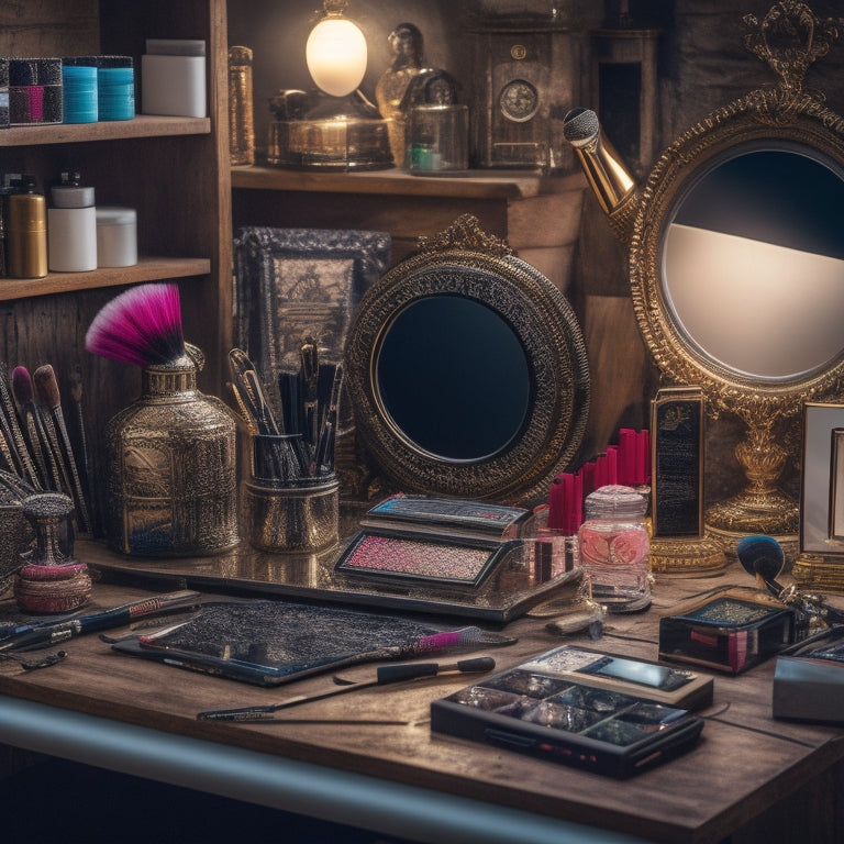 A cluttered makeup station with scattered brushes, palettes, and products, surrounded by clocks, phones, and laptops, with a faint clock face in the background, symbolizing time management chaos.