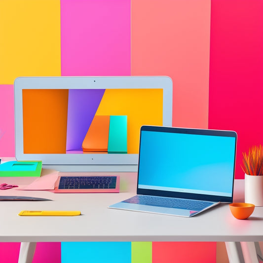 A colorful, minimalist illustration featuring a laptop with a split-screen display: a beautifully designed digital scrapbook on one side and a crafting desk with papers, glue, and scissors on the other.