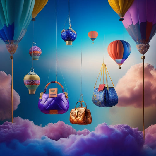 A whimsical, dreamlike scene featuring 5-7 fashion bags suspended in mid-air, with bold, vibrant colors and unconventional shapes, surrounded by delicate, swirling patterns and subtle, shimmering lights.