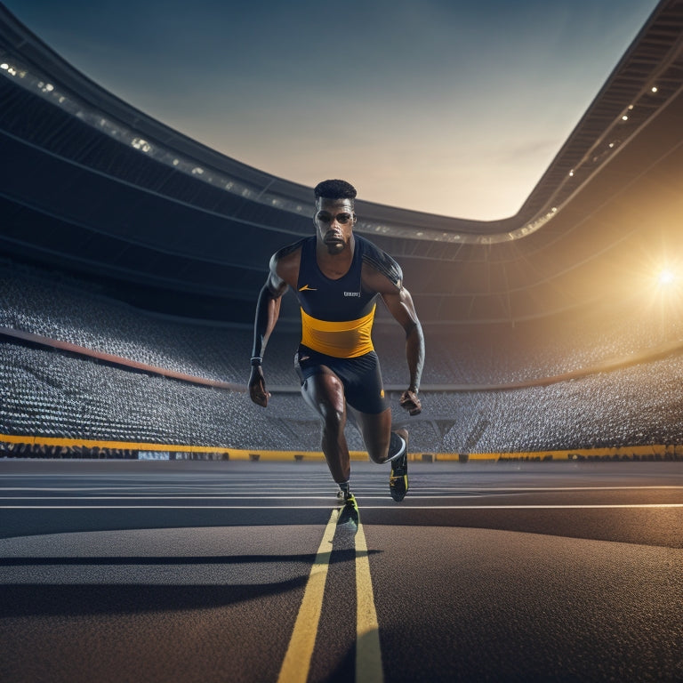 A dramatic, high-contrast image featuring a determined athlete in the foreground, surrounded by a blurred-out sports stadium, with a subtle grid of caution tape and safety cones in the background.