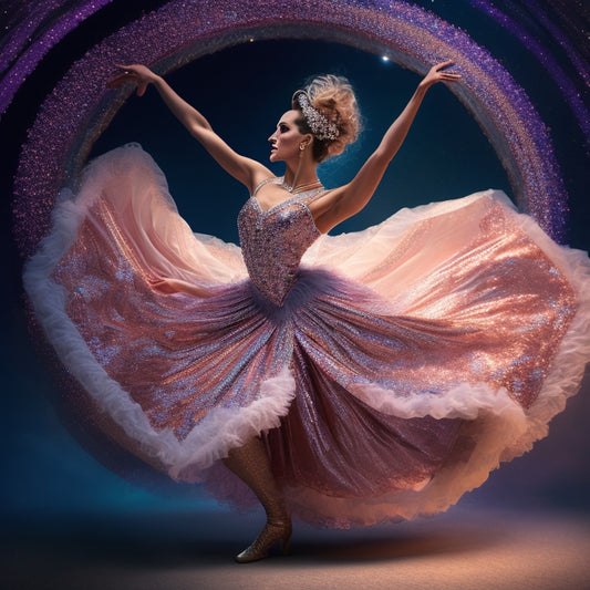 A whimsical illustration of a dancer in mid-pirouette, surrounded by swirling fabrics, threads, and Jalie pattern pieces, with a subtle sparkle and shimmer effect to evoke a sense of magic.