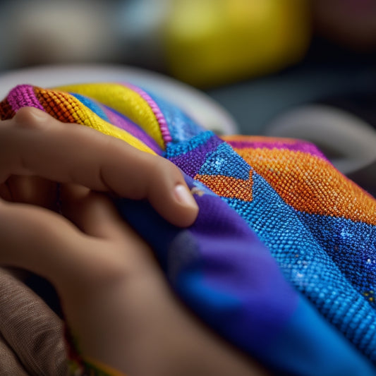 A close-up of a hand holding a tablet with a digital pattern of a glove on the screen, surrounded by scattered threads, needles, and swatches of colorful fabrics.