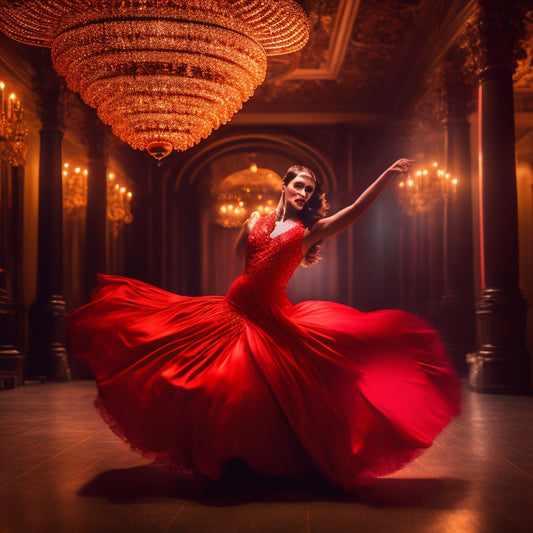 A vibrant tango dancer in a flowing red dress, swirling fabric catching the light, surrounded by a dimly lit ballroom with elegant chandeliers, reflecting the passion and energy of an unforgettable night.