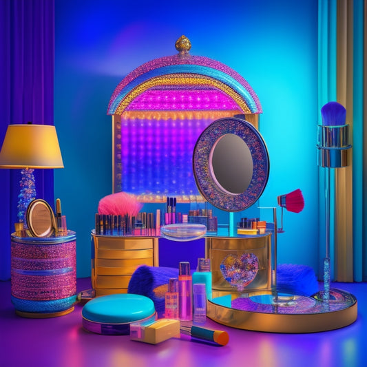 A vibrant, colorful illustration of a makeup station with a vanity, brushes, and cosmetics surrounded by dance-inspired elements like a ballet barre, pointe shoes, and a disco ball.