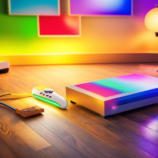 A colorful illustration of a Wii console and a DDR mat placed on a bright, polished wooden floor, surrounded by energetic sparks and dynamic arrows, conveying energy and movement.