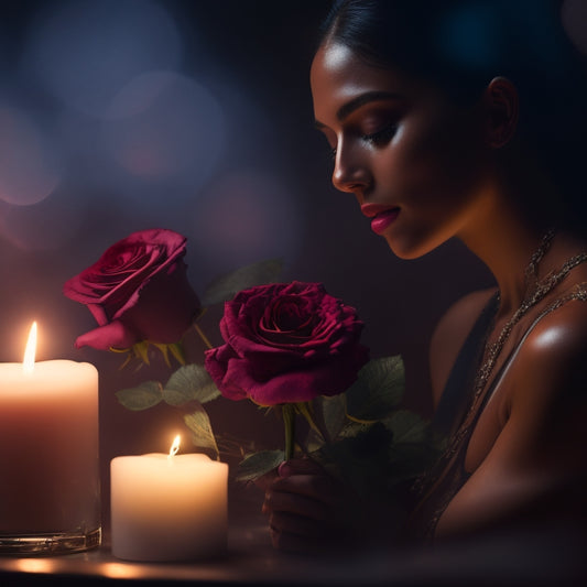 A dimly lit, velvety black background with a subtle, shimmering mist, surrounded by scattered rose petals, and a few strategically placed, softly glowing candles, with a sensual, curved female silhouette in the distance.