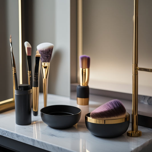 A sleek, modern vanity with a variety of high-quality, precision-crafted makeup brushes in different shapes and sizes, arranged artfully alongside a few elegant, partially used makeup products.