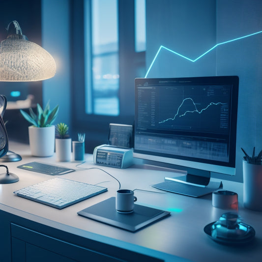 A minimalist illustration featuring a stylized event planning desk with three futuristic, glowing tools (a scheduling clock, a communication headset, and a data analytics graph) surrounded by subtle, blurred event elements.
