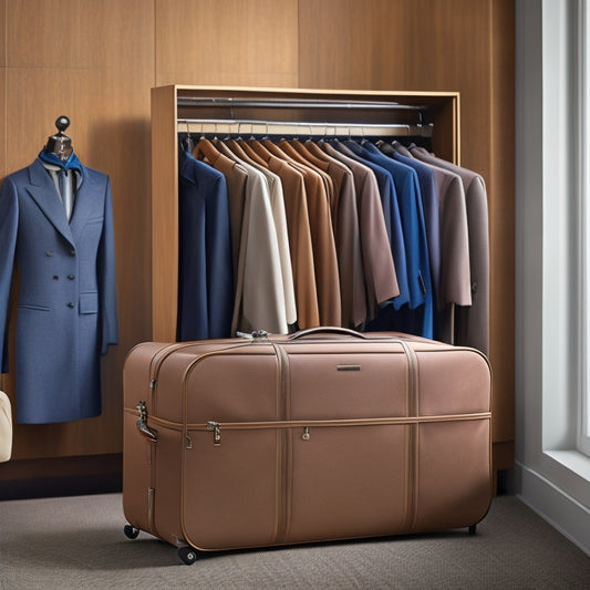 A sleek, stylish garment bag suitcase opened to reveal neatly hung suits and dresses, resting on a plush hotel bed. Soft, diffused lighting highlights the fabric textures, emphasizing wrinkle-free travel elegance.