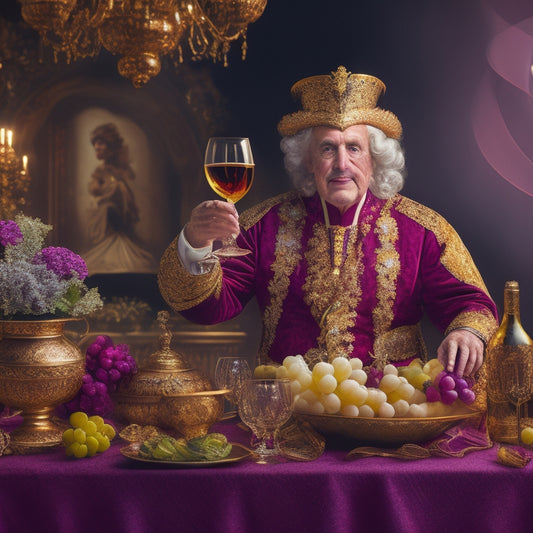 A whimsical illustration of Jan Tenzer, a charismatic figure in a lavish attire, surrounded by swirling wine glasses, grapes, and swirling ribbons, set against a warm, golden background.