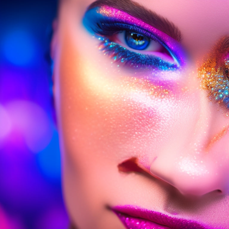 A close-up of a dancer's face, spotlight-lit, with a bold, glittering eye shadow design, false lashes, and a bright, bold lip color, amidst a blurred background of dance competition lights.