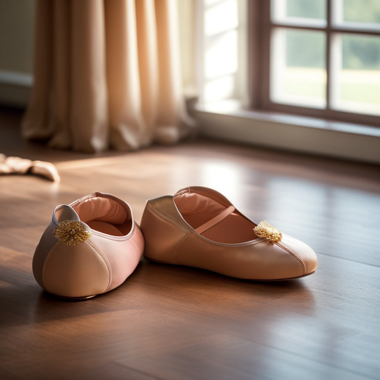 A close-up of elegant ballet slippers, showcasing soft leather and satin materials, placed on a polished wooden floor. Warm light highlights the delicate stitching and flexible soles, evoking comfort and performance in dance.