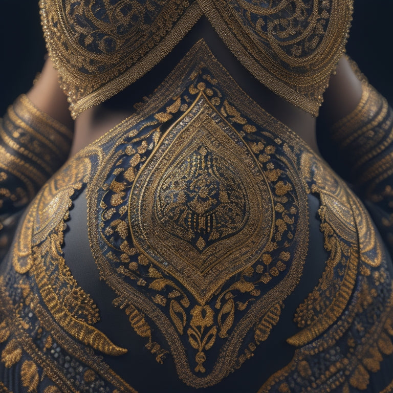 A mesmerizing illustration of a belly dancer's torso, adorned with intricate, swirling patterns reminiscent of Arabic calligraphy, set against a rich, velvety black background with subtle golden accents.