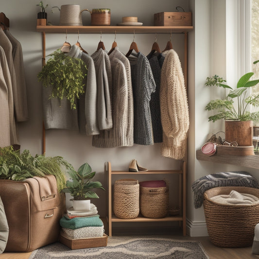 A cozy bedroom scene featuring a neatly organized wardrobe with open shelves displaying folded sweaters, labeled baskets for accessories, a hanging rack with color-coordinated clothes, and a small potted plant for a touch of greenery.