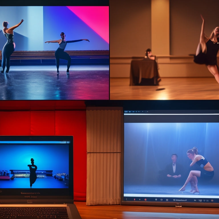 A split-screen image featuring a dance studio with a laptop and video editing software open on the screen, alongside a darkened theater with a projection of edited dance footage.