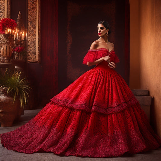 A vibrant flamenco dress with cascading ruffles in deep red, accented with black lace, set against a rustic Spanish backdrop. Flowing fabric catches the light, showcasing intricate embroidery and a dramatic train.