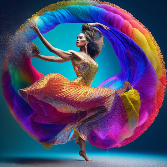 A dynamic, vibrant illustration of a dancer in mid-motion, surrounded by swirling shapes and colors, with musical notes and rhythmic patterns incorporated into the design, evoking energy and creativity.