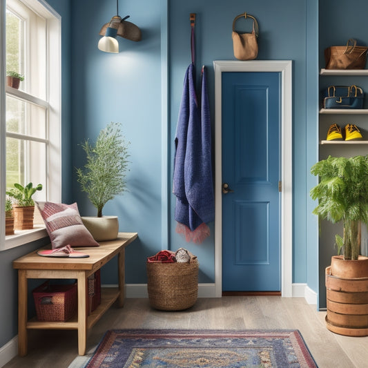 A cozy entryway featuring a stylish over-the-door organizer filled with colorful bins, hooks adorned with accessories, and neatly arranged shoes, all against a warm, inviting wall with soft lighting illuminating the space.