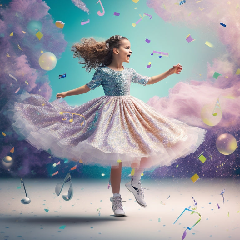 A whimsical illustration of a young girl dancing amidst swirling digital files, with music notes and glittering pixels orbiting around her, set against a soft, pastel-colored background.