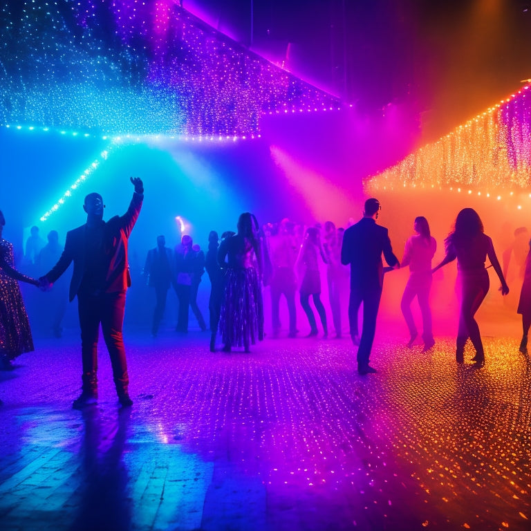 A vibrant, neon-lit dance floor scene at night, with swirling lights, confetti, and silhouettes of dancers in various poses, surrounded by bold, colorful shapes and abstract patterns.