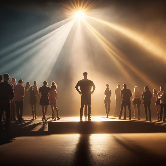 A spotlight shines brightly on a confident performer standing center stage, surrounded by faint silhouettes of dancers, musicians, and actors, with a warm, golden glow radiating from the background.