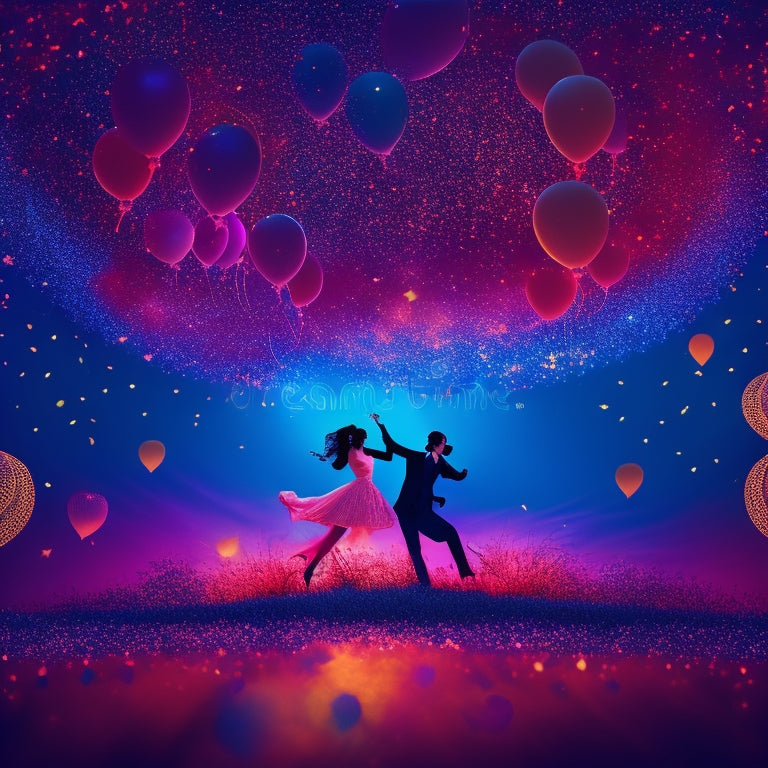 A whimsical illustration featuring a pair of dancing silhouettes surrounded by swirling hearts, confetti, and balloons in shades of pink, red, and gold, set against a dark blue or purple night sky.