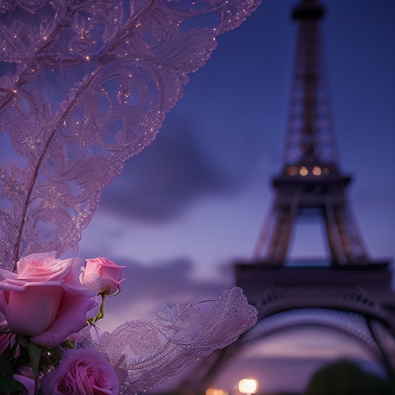 A whimsical, soft-focus image of a delicate, lace-trimmed wedding veil draped over the ornate ironwork of the Eiffel Tower at dusk, surrounded by twinkling string lights and scattered rose petals.