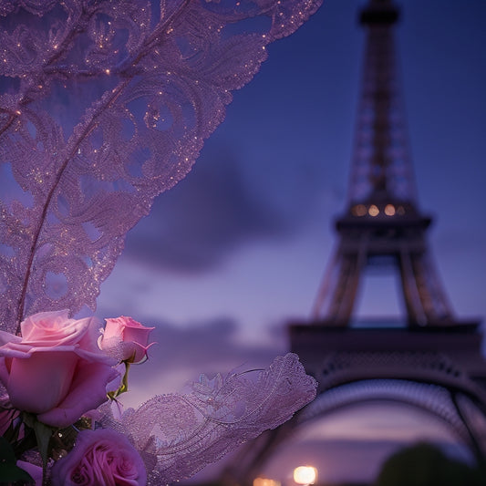 A whimsical, soft-focus image of a delicate, lace-trimmed wedding veil draped over the ornate ironwork of the Eiffel Tower at dusk, surrounded by twinkling string lights and scattered rose petals.