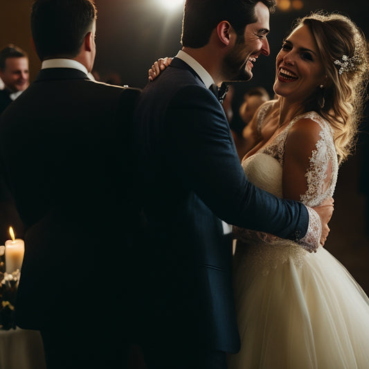 A joyful, dimly-lit wedding reception scene with a bride and groom dancing in the center, surrounded by laughing guests and a blurred-out DJ spinning tracks in the background.