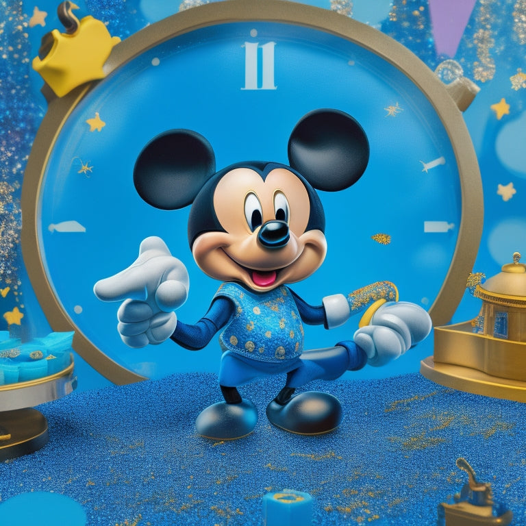 A whimsical illustration featuring Mickey Mouse holding a watch with moving clock hands, surrounded by scattered clock faces, gears, and confetti, set against a bright blue background with subtle Disney-inspired patterns.