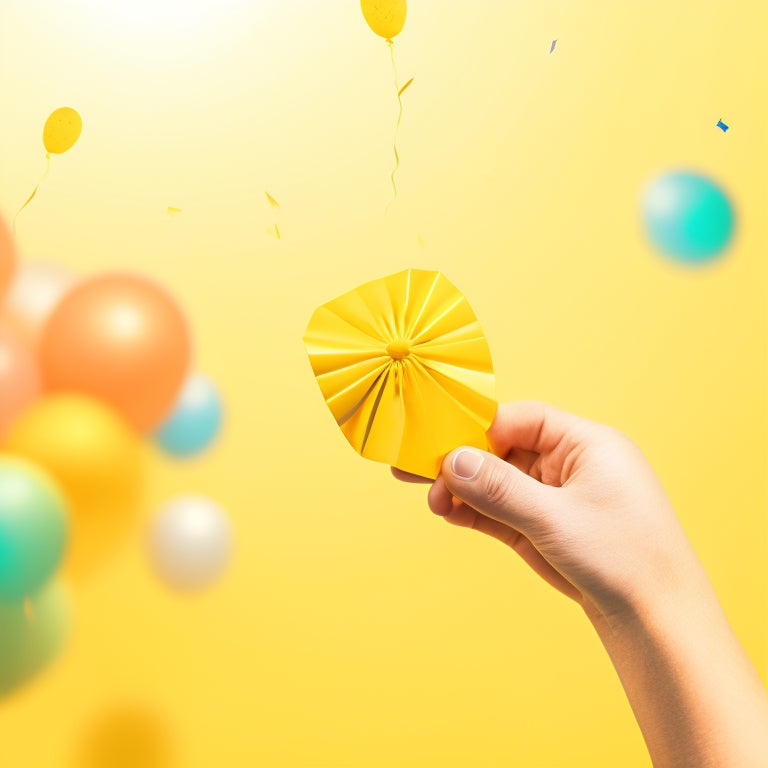 A vibrant illustration of a hand holding a gratitude dance card with confetti and balloons surrounding it, set against a warm, sunny yellow background with subtle gradient effects.