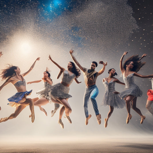 A dynamic image of a group of diverse dancers in mid-air, frozen in a dramatic leap, surrounded by glittering confetti and spotlights, with a subtle American flag pattern in the background.