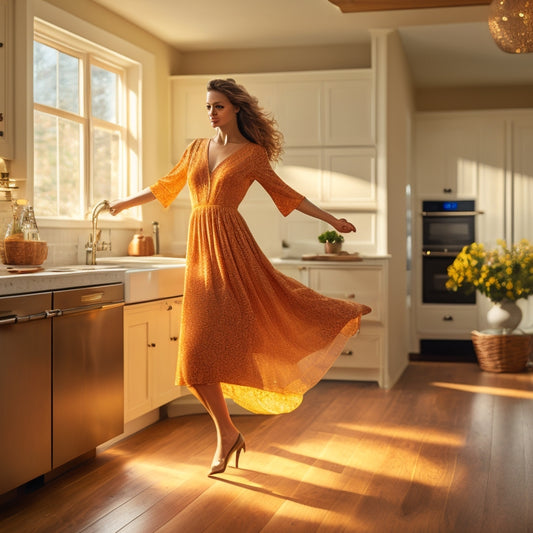 A warm, golden-lit kitchen with a wooden floor, surrounded by sleek, modern appliances, where a joyful woman in a flowy dress spins and twirls, her arms outstretched, lost in the music.