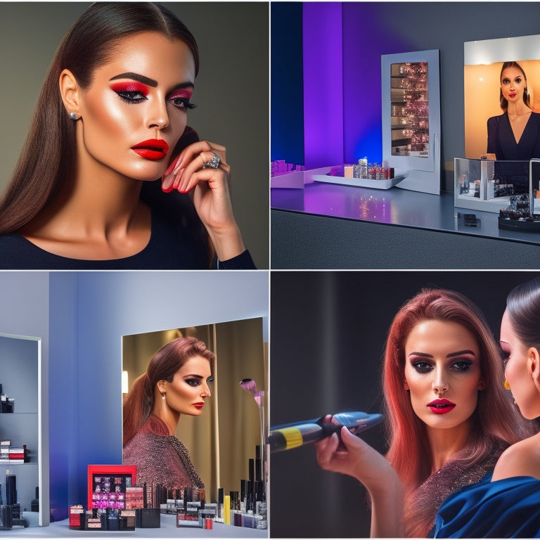 A sleek, modern makeup studio with rows of colorful products, a glamorous model in the chair, and a skilled makeup artist at work, surrounded by spotlights and mirrors.