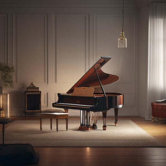 A serene, minimalist background with a grand piano in the center, surrounded by scattered music sheets, a metronome, and a few headphones, with soft, warm lighting and subtle shadows.