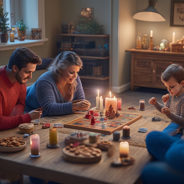 An illustration of a cozy living room with a family playing board games on a wooden table, surrounded by snacks, candles, and a few musical instruments in the background.