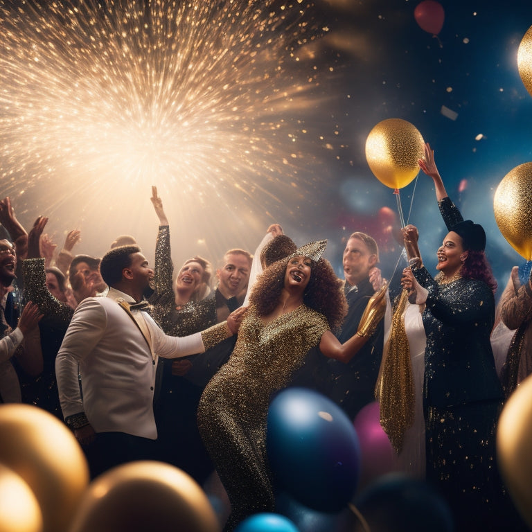 A vibrant, star-spangled backdrop with glittering silver and gold confetti, surrounded by dancing silhouettes in various styles, amidst balloons, trophies, and sparkling disco balls.