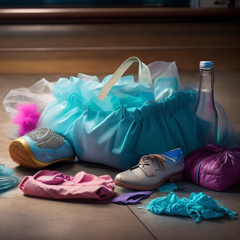 A messy dance bag with worn-out shoes, crumpled dance clothes, and a water bottle spilled on the side, surrounded by dancing accessories like ballet slippers and a tiara, with a subtle stink cloud emanating from it.