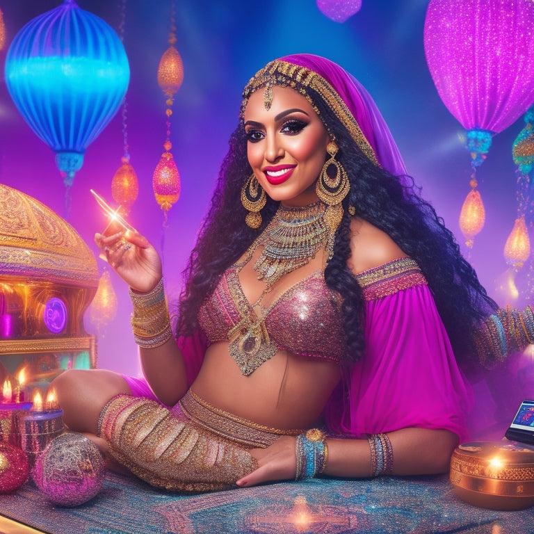 A whimsical illustration featuring a confident belly dancer surrounded by digital devices, social media icons, and sparkling lights, with Middle Eastern-inspired patterns and vibrant colors.