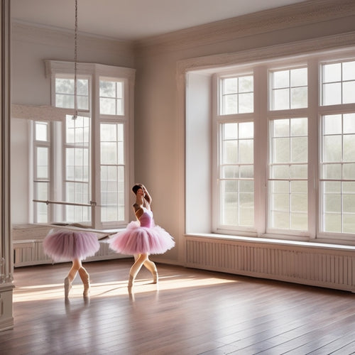 A serene dance studio with a wooden floor, soft natural light filtering through large windows, showcasing vibrant, fluffy ballet tutus in pastel colors, elegantly hanging on a rack, accompanied by delicate ballet shoes.