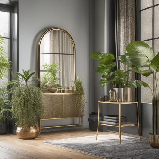 A chic room featuring elegant floor standing mirrors of varying styles: a vintage ornate frame, a sleek modern design, and an industrial metal option. Surrounding decor includes lush plants and soft lighting for a cozy ambiance.