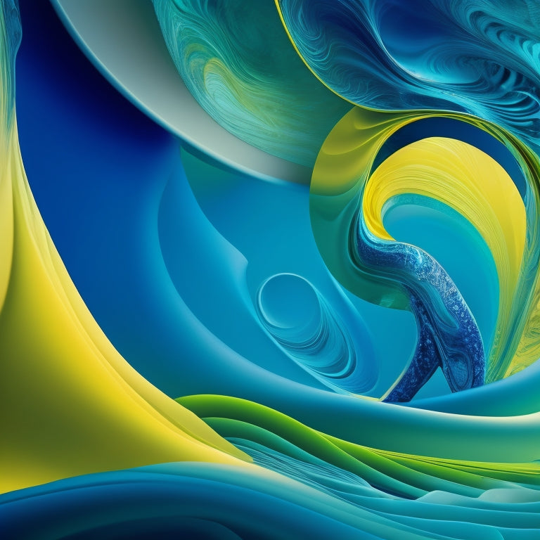 A vibrant, abstract illustration featuring swirling shapes in shades of blue, green, and yellow, evoking creativity and movement, with dancing silhouettes and musical notes subtly integrated into the design.