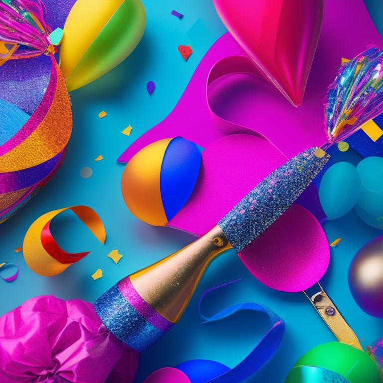 A vibrant, colorful illustration featuring a pair of dancing scissors surrounded by swirling, abstract shapes resembling music notes, amidst a backdrop of confetti and balloons.