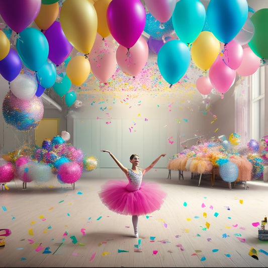 A whimsical illustration of a ballet studio, with colorful balloons and confetti surrounding a young dancer in mid-pirouette, surrounded by scattered dance shoes, music notes, and inspirational quotes.